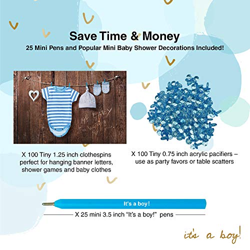 Dessie Baby Shower Games for Boys - Ultimate Boy Baby Shower Set | Includes 9 Unique Games, 25 Pens and Baby Boy Shower Decorations (100 Mini Clothespins +100 Mini Acrylic Pacifiers)