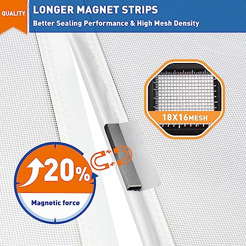 MAGZO Magnetic Screen Door, Fit Door Size 32 x 96 Inch, Actual Screen Size 34 x 97 Inch, Middle Opening Screen Mesh Polyester Curtain with Full Frame Hook&Loop, White