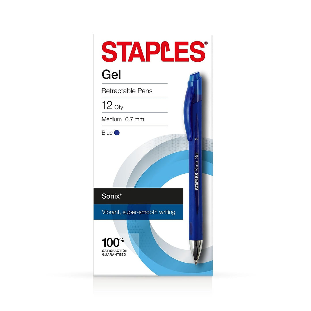 STAPLES 651256 Sonix Retractable Gel-Ink Pens Medium Point Blue Dozen (13563-Cc)