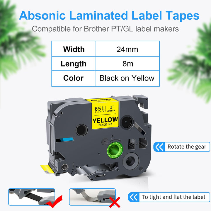 Absonic Compatible Label Tape Replacement for Brother TZe-651 Tze651 Laminated 24mm Black on Yellow, for PT-D610BT PT-D600 PT-D600VP PT-P750W PT-P710BT E550WVP 2730VP 2430PC, 0.94in x 26.2ft, 3-Pack