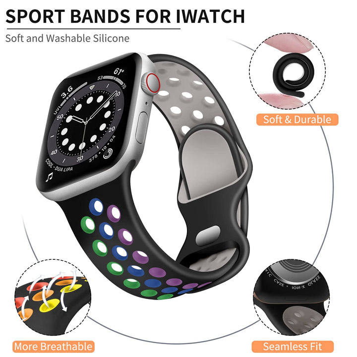 Lerobo Compatible with Apple Watch Band 41mm 40mm 38mm,Soft Silicone Sport Bands Breathable Wristband Strap for iWatch Ultra 2 SE Series 9 8 7 6 5 4 3 2 1 Ultra 2 for Women Men,Black/Rainbow,M/L