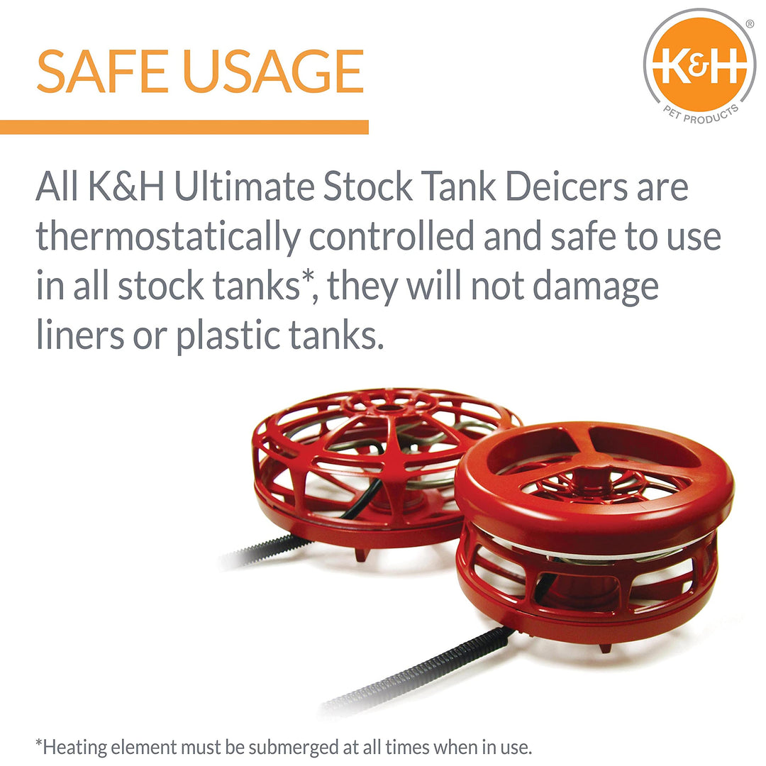 K&H Pet Products Ultimate Stock Tank Deicer w/ Cord Clip, Water Trough Heater for Horses, Cattle and Livestock, Floating and Submersible Tank Heater, Red 1000 Watts