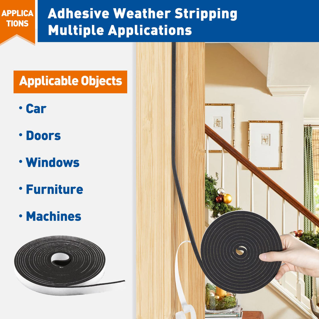 MAGZO Weather Stripping Door Seal, 1/2 Inch Wide X 1/8 Inch Thick Adhesive Foam Tape Soundproof Weatherstripping for Windows, 3 Rolls Total 50FT Black