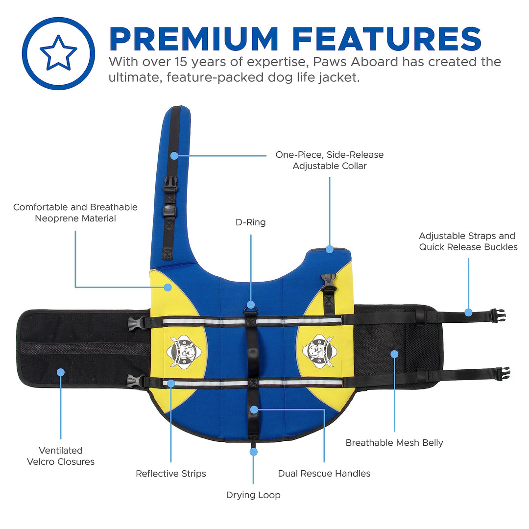 Paws Aboard Dog Life Jacket - Keep Your Canine Safe with a Neoprene Life Vest - Designer Life Jackets - Perfect for Swimming and Boating - Blue and Yellow, Large