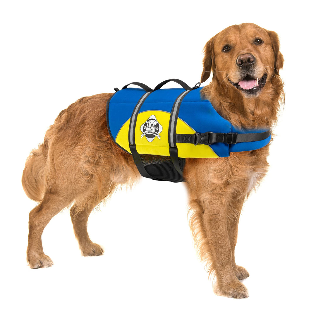 Paws Aboard Dog Life Jacket - Keep Your Canine Safe with a Neoprene Life Vest - Designer Life Jackets - Perfect for Swimming and Boating - Blue and Yellow, Large