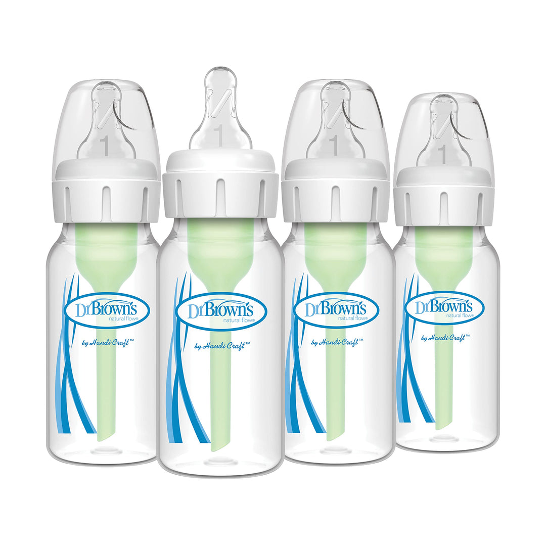 Dr. Brown's Natural Flow Anti-Colic Options+ Narrow Baby Bottles 4 oz/120 mL (Pack of 4), with Level 1 Slow Flow Nipple, 0m+