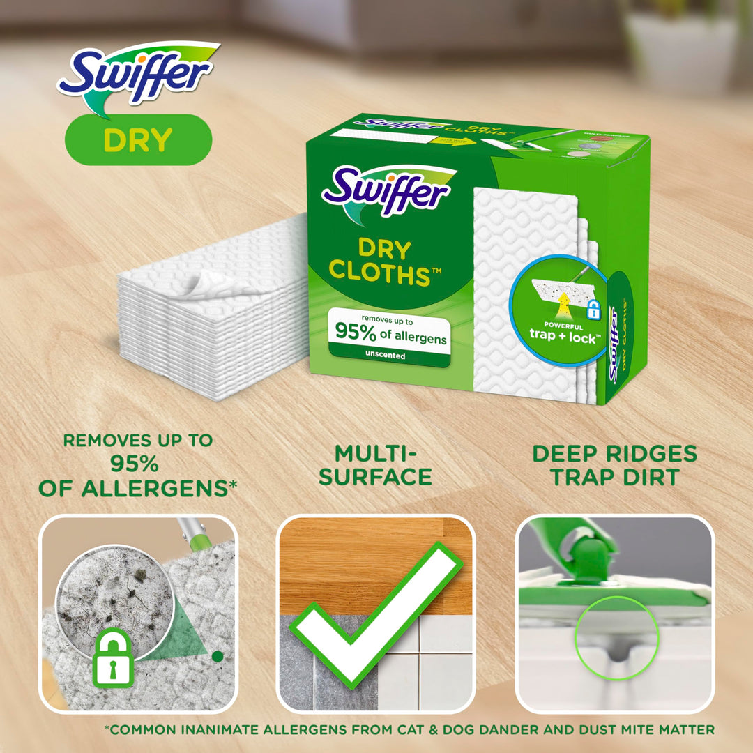 Swiffer Sweeper Dry Mop Refills for Floor Mopping and Cleaning, All Purpose Floor Cleaning Product, Unscented, 52 Count (Packaging May Vary)