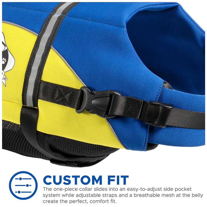 Paws Aboard Dog Life Jacket - Keep Your Canine Safe with a Neoprene Life Vest - Designer Life Jackets - Perfect for Swimming and Boating - Blue and Yellow, Large