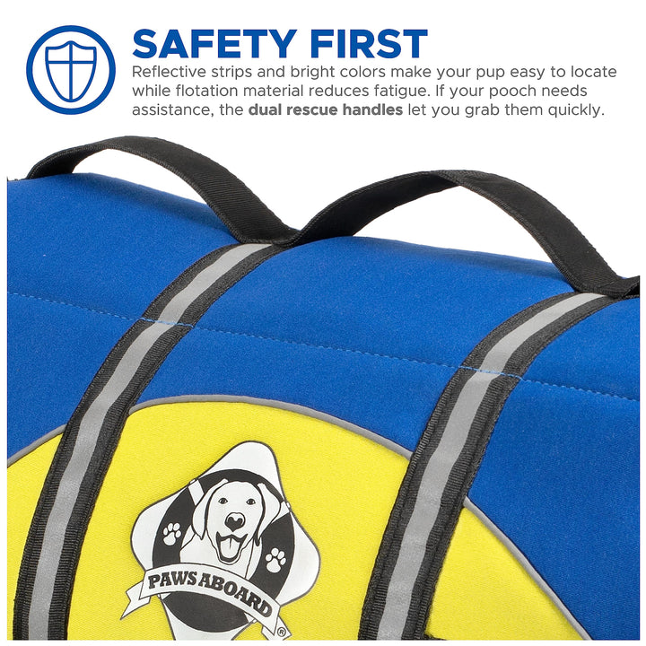 Paws Aboard Dog Life Jacket - Keep Your Canine Safe with a Neoprene Life Vest - Designer Life Jackets - Perfect for Swimming and Boating - Blue and Yellow, Large