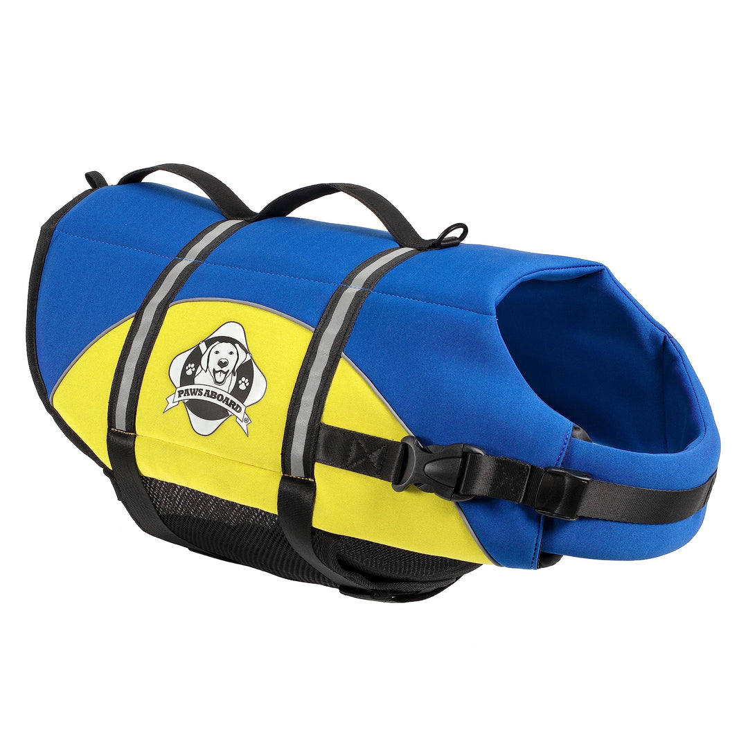 Paws Aboard Dog Life Jacket - Keep Your Canine Safe with a Neoprene Life Vest - Designer Life Jackets - Perfect for Swimming and Boating - Blue and Yellow, Large